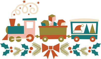 Naklejka premium Cute cartoon christmas train carrying festive gifts and holiday decorations isolated on a white background for seasonal greeting card design
