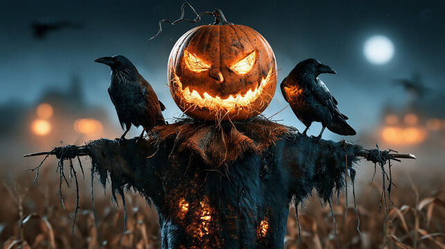 Spooky Halloween Scarecrow with Glowing Jack O Lantern Head and Black Ravens