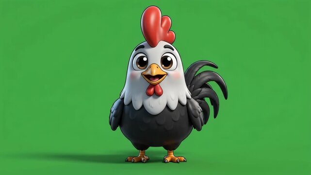 Cute cartoon chicken with a red comb and black and white feathers on a green background.