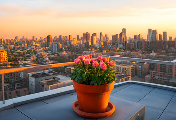 Fototapeta premium Urban living and city life, rooftop garden with pink roses in a pot at golden hour sunset