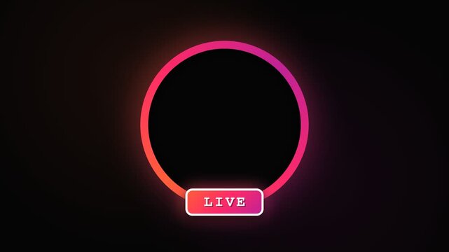 A glowing circular frame with a gradient from pink to orange surrounds a dark center, beneath which a rectangular button displays the word LIVE in bold white letters against a deep magenta