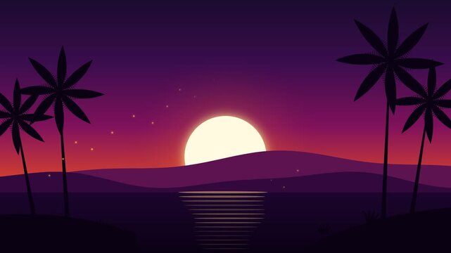 Tropical Sunset Vector Landscape with Palm Trees Silhouettes and Glowing Sun over Ocean