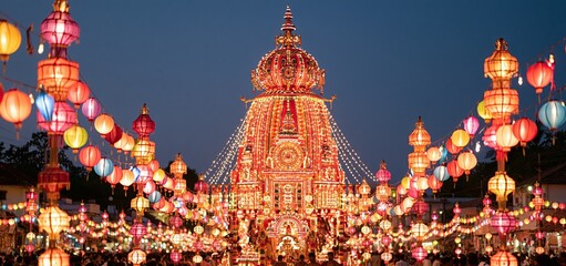 Fototapeta premium Radiant divine chariot decorated with glowing lanterns and vibrant colors for a lively Indian festival procession.