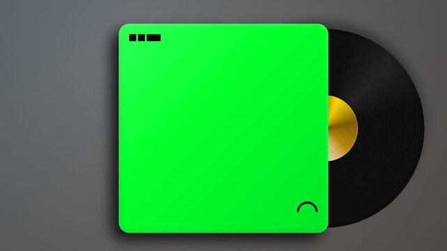 A vibrant green square device with rounded corners rests partially atop a black vinyl record featuring a golden center label, both positioned on a smooth dark gray surface under soft directional