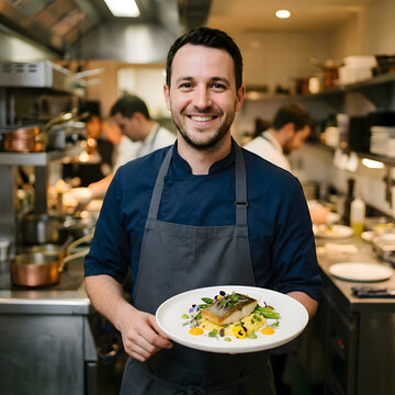 Chef cuisinier souriant pr&eacute;sentant un plat gastronomique en cuisine