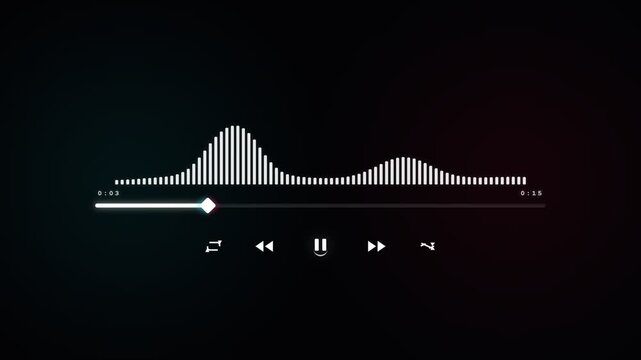 A digital audio waveform visualization with playback controls displayed against a dark gradient backdrop, indicating active sound reproduction with volume level and navigation buttons clearly