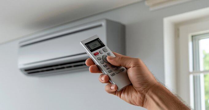 A hand points a remote at a modern air conditioner mounted on a bright white wall, emphasizing comfort and efficiency.