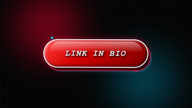 A glowing red button with the text LINK IN BIO prominently displayed against a dark gradient backdrop featuring subtle red and blue lighting effects that enhance its visual prominence