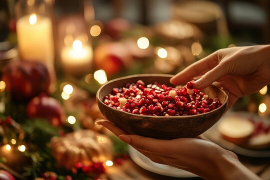 Hands sharing a bowl of ripe pomegranates across a festively decorated sukkah table, celebrating the harvest season