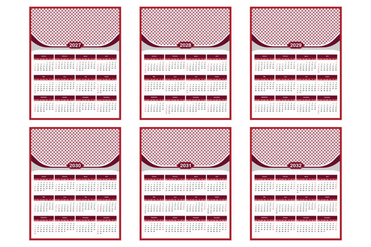 Multi-year calendar template set for 2027 to 2032 years. Professional red wall calendar design grid layout with photo placeholder frame vector illustration.
