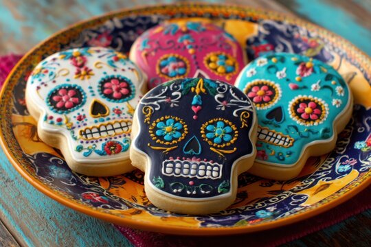 Festive skull-shaped cookies covered in colorful icing and intricate patterns on a serving platter