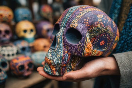 Traditional wooden mask held in one hand as part of a colorful Day of the Dead celebration