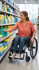 Obraz premium Woman in a wheelchair reaches for a bottle of cleaning product on a supermarket aisle shelf while browsing household supplies.