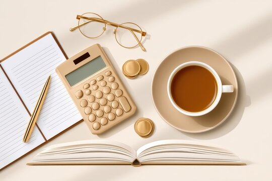 Overhead flat lay of calculator notebook pen coffee cup coins and glasses on neutral background