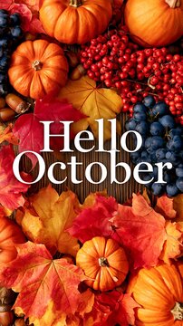 Vibrant vertical autumn banner with Hello October text, colorful pumpkins, ripe berries and bright fallen leaves flat lay