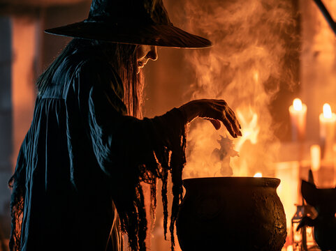 Old Witch Brewing Glowing Magic Potion in Cauldron with Fire and Smoke