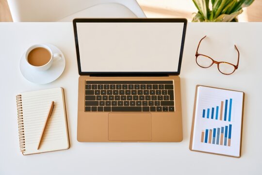Overhead flat lay of laptop notebook coffee glasses and chart on white desk
