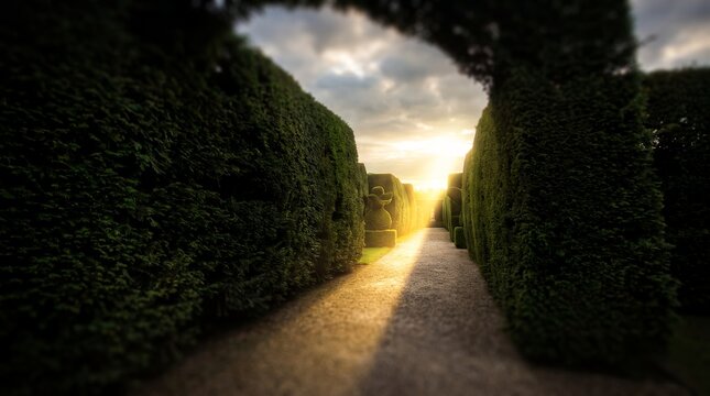 Lush green hedge maze garden featuring gravel path, bright sunset light and symmetrical tall bushes, concept for decision making and finding solutions