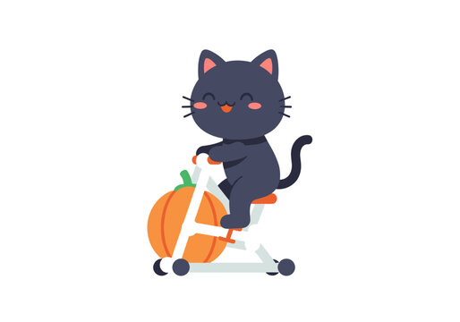 Cute black cat riding an exercise bike with pumpkin wheel