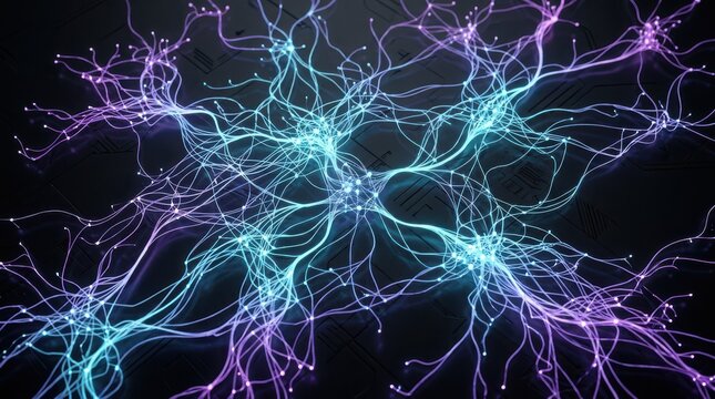 Complex network of glowing electrical impulses forming intricate neural pathways across dark background, symbolizing artificial intelligence and deep learning technology.