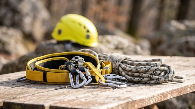 Vibrant yellow rock climbing harness with durable metallic carabiners and coiled rope sitting ready for extreme mountain sport outdoor adventures