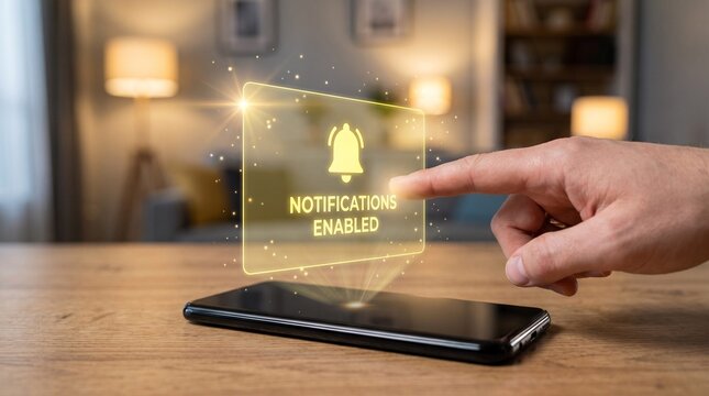 Glowing yellow holographic notification bell icon projected from a modern smartphone screen being activated by a male finger touching glass