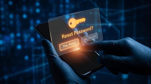 Digital reset password interface shown on a sleek smartphone screen with glowing yellow buttons and a person pressing the button