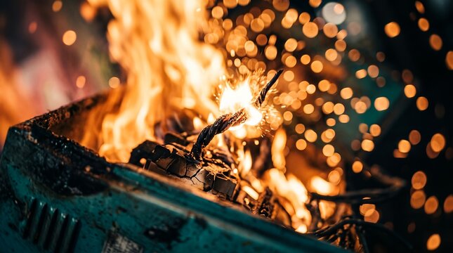 Electrical equipment catching fire showing bright orange flames, flying sparks and hot glowing embers, concept for industrial hazard and accident prevention