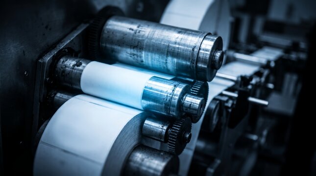 Industrial label printing machine showcasing metallic cylinders, paper rolls and rotary gears, concept for manufacturing automation and packaging production