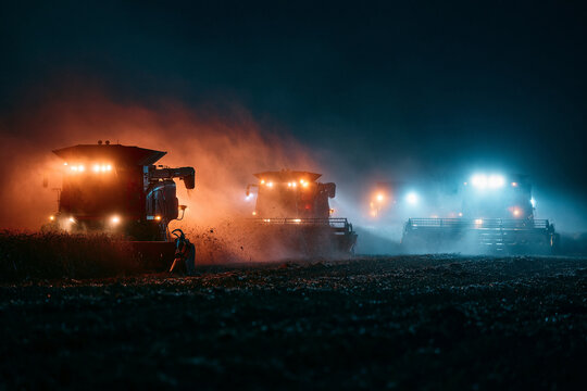 Combine Harvesters Working at Night on Field