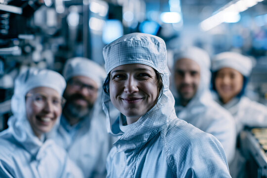 Cleanroom Engineers Smiling in Semiconductor Manufacturing Facility