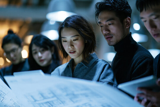 Team of Architects Reviewing Blueprints During Project Meeting