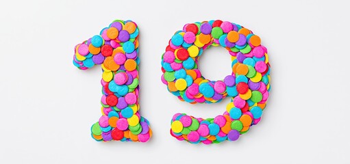 Naklejka premium Vivid red and orange confetti shaped into the number 19 on a crisp white background for a joyful celebration.