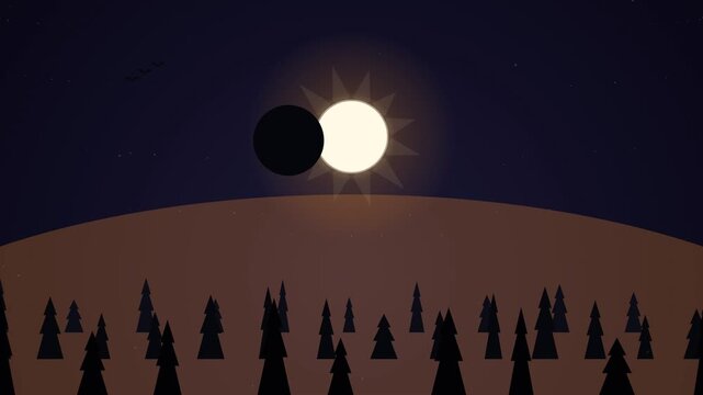 Minimalist vector illustration of a solar eclipse over a silhouetted pine forest under a dark sky