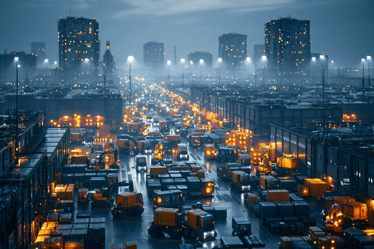 Automated Cargo Logistics Hub in Futuristic City at Night