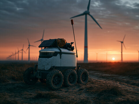Autonomous Robot Rover in Wind Turbine Farm at Sunset