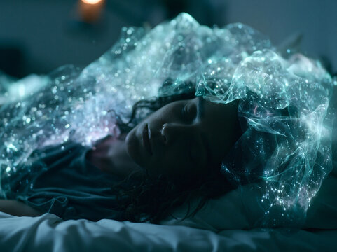 Woman Sleeping in Bed Surrounded by Glowing Ethereal Dream