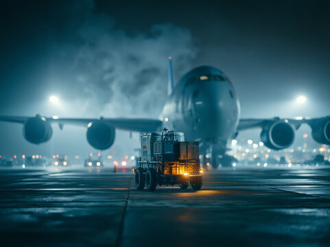 Cargo Airplane and Logistics Vehicle on Tarmac at Night