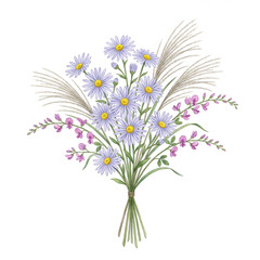 Fototapeta premium Wild Aster Susuki and Hagi Autumn Bouquet Watercolor Illustration