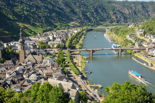 Germany, 29 June 2019: View from the fortress to the city and the river. Castle Reichsburg sits above the medieval town of Cochem on the Mosel River, Germany.