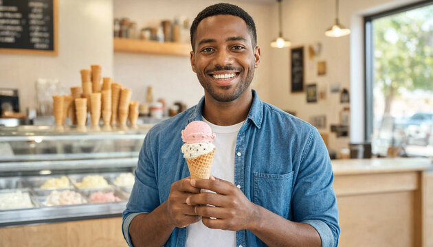 Man standing in an ice cream shop smiling while holding a double-scoop cone with pink ice cream in a waffle cone. Display case and cones are visible behind him.
