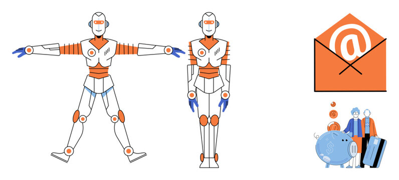 Robot character in t-pose and standing position with email and finance icons vector illustration. Automation, digital communication, savings, banking, artificial intelligence, investment. droid model