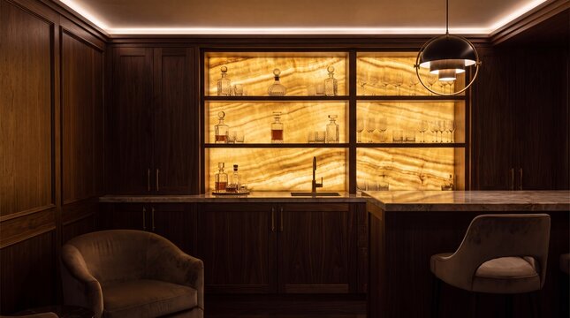 Luxury Home Bar Interior with Dark Wood Cabinets and Backlit Onyx Shelves