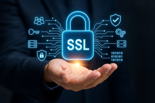 Hand holding glowing ssl padlock with security icons and encrypted text