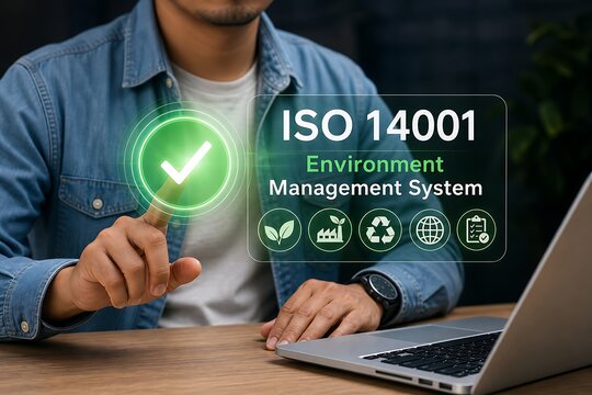 Hand pointing at holographic iso 14001 environmental management system interface on laptop