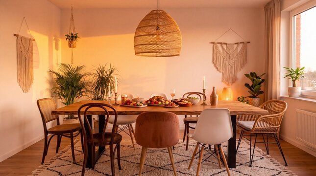 Cozy Bohho Dining Room with Wooden Table, Wicker Chairs, and Warm Sunset Lighting