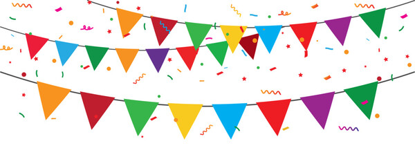 Obraz premium Colorful party bunting flags with confetti and celebration decoration vector illustration on white background
