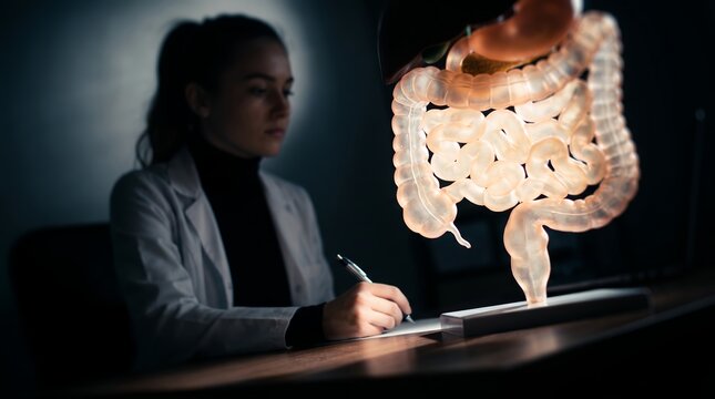 Anatomical model of human digestive system and doctor showing glowing intestines, colon tract and stomach structure, concept for gastrointestinal health and medical diagnosis
