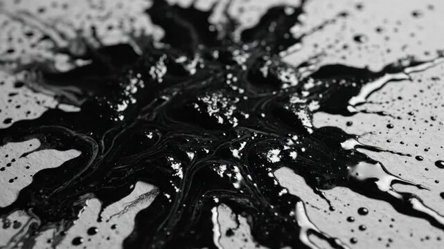 Black ink splashing onto white textured surface