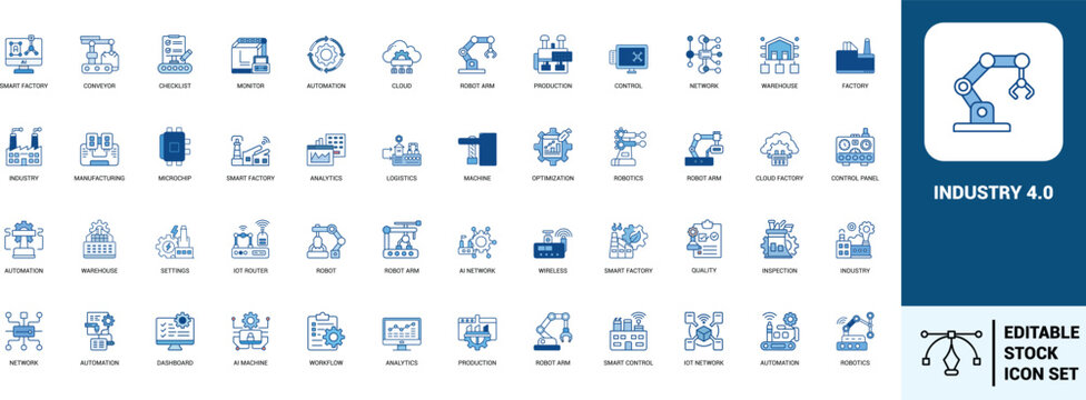 Industry 4.0 line art icons set smart factory, robot arm, automation, manufacturing, robotics, conveyor, production, warehouse, Web icon, App icon, Outline icon, Editable stroke, line art, Vector EPS